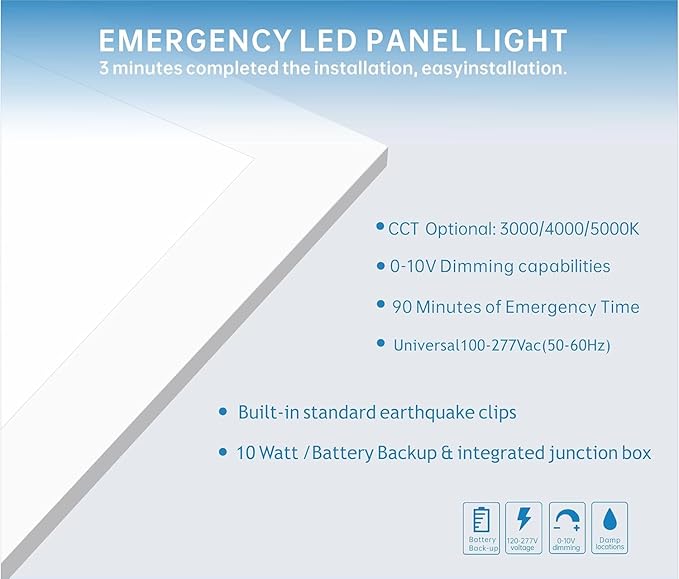2X2 LED Flat Panel Light Emergency Battery Backup, 40W-3000K/4000K/5000K - Image 4