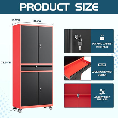 MIIIKO Storage Cabinet with Wheels, Metal Garage Cabinet with Drawer and Doors - Image 3