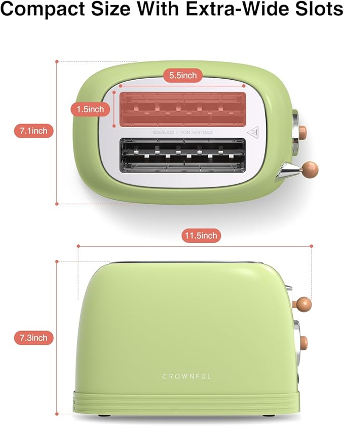 CROWNFUL 2-Slice Toaster, Extra Wide Slots Toaster, Retro Stainless Steel - Image 3