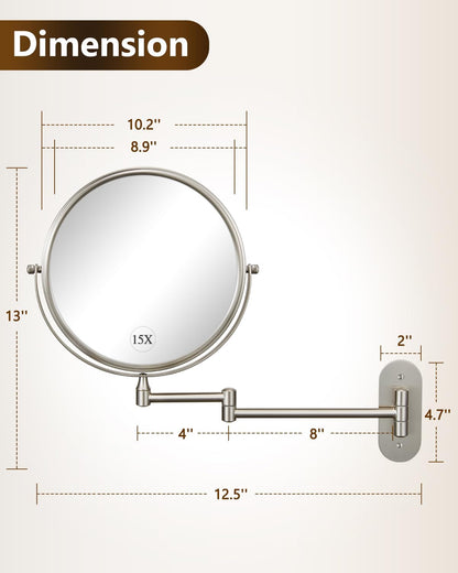 DECLUTTR 9 Inch Wall Mounted Makeup Mirror, 15X Magnification Double Sided Swivel Extendable Bathroom Mirror