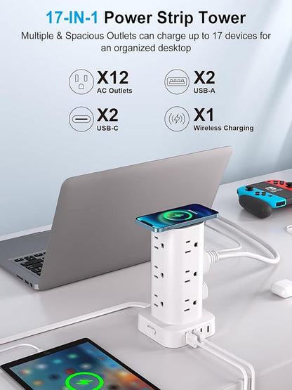 Power Strip Tower with Wireless Charger, Flat Plug Surge Protector Tower with - Image 2
