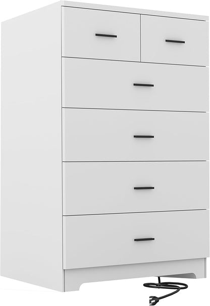 Dresser with Power Outlets Wooden 6 Drawer Dresser with Large Organizer White by FJTJBSI
