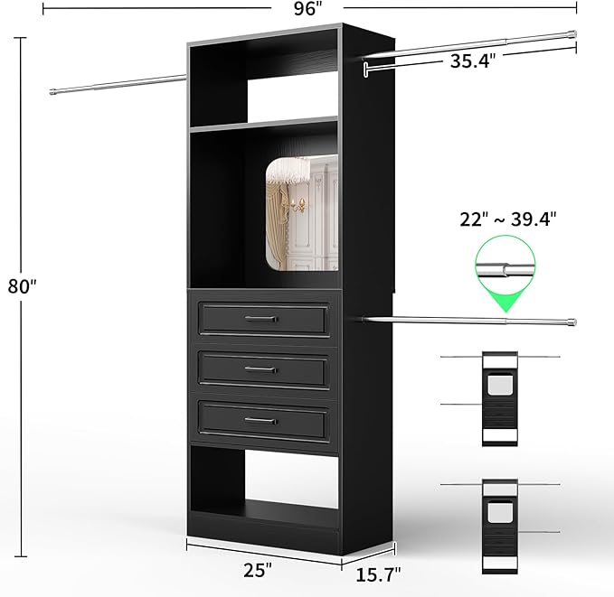 Unikito 8FT Closet System with Mirror, 96 Inch Walk in Closet Organizer Kit - Image 7