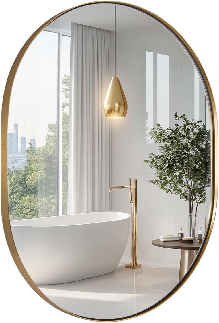Oval Bathroom Mirror, 24x32’’ Gold Oval Mirror Pill-Shaped Design in Stainless Steel Metal Frame for Bathroom, Entryway, Living Room, Contemporary 1" Deep Wall Mount Vertical or Horizontal
