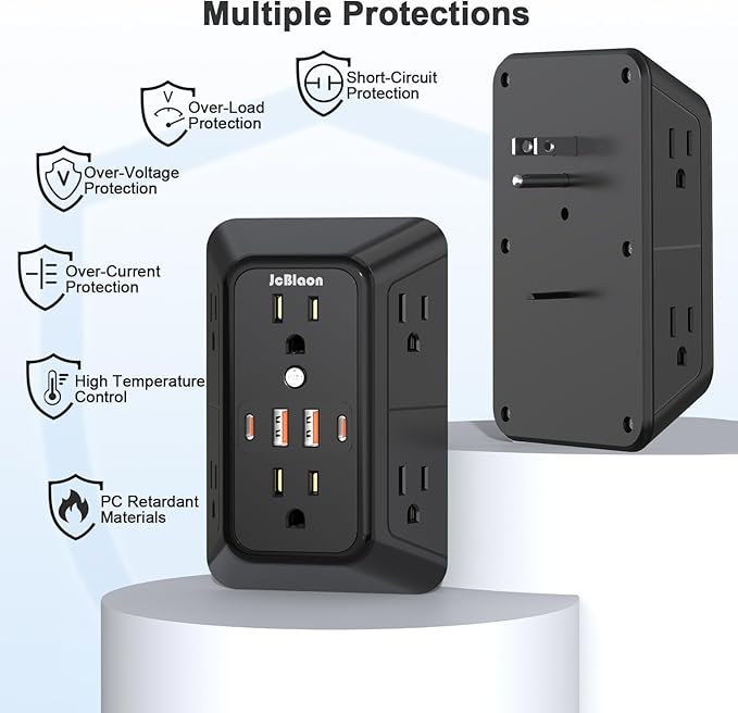 2 Pack Multi Plug Wall Outlet Extender Surge Protector 6 AC Outlet Splitter - Image 5