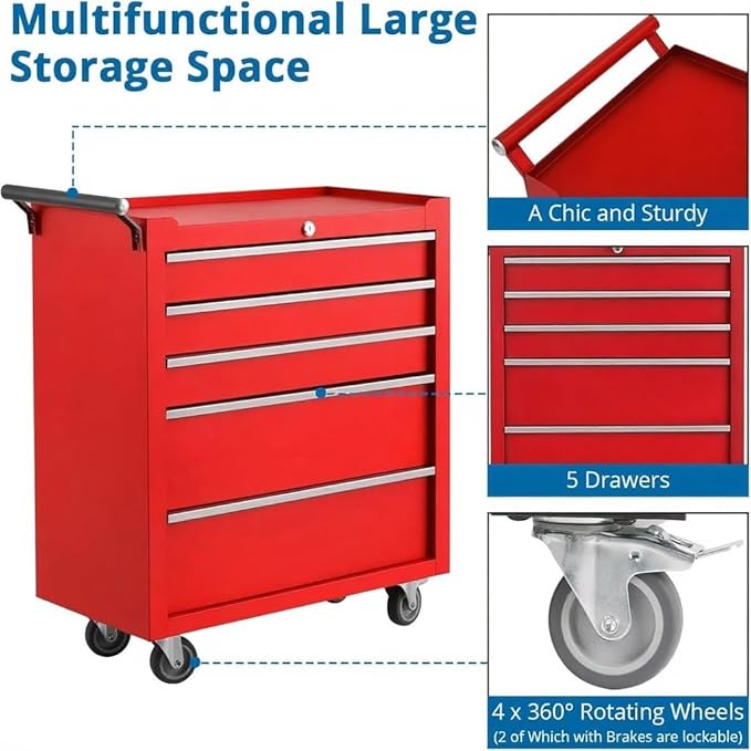 IDEALHOUSE Rolling Tool Chest, 5 Drawers Tool Storage Cabinet, Toolbox - Image 4