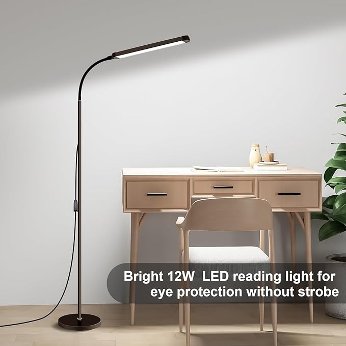 Modern LED Floor Lamp for Reading in Black, Bright 12W Dimmable Standing Light - Image 5