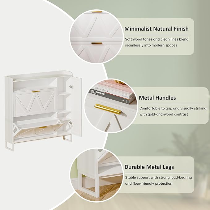 White Shoe Cabinet with 2 Flip Drawers Door, Adjustable Shelves, Narrow Shoe - Image 9