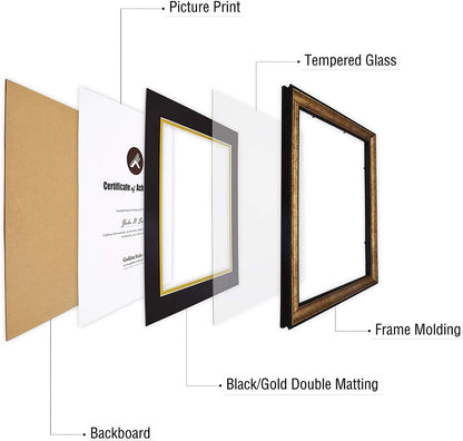 Golden State Art 11x14 Frame for 8.5x11 Diploma Antique Gold Real Glass | Includes Black Over Gold Double Mat,Fits 8.5x11 Certificate, Document, Photo, Picture, Wall Mount