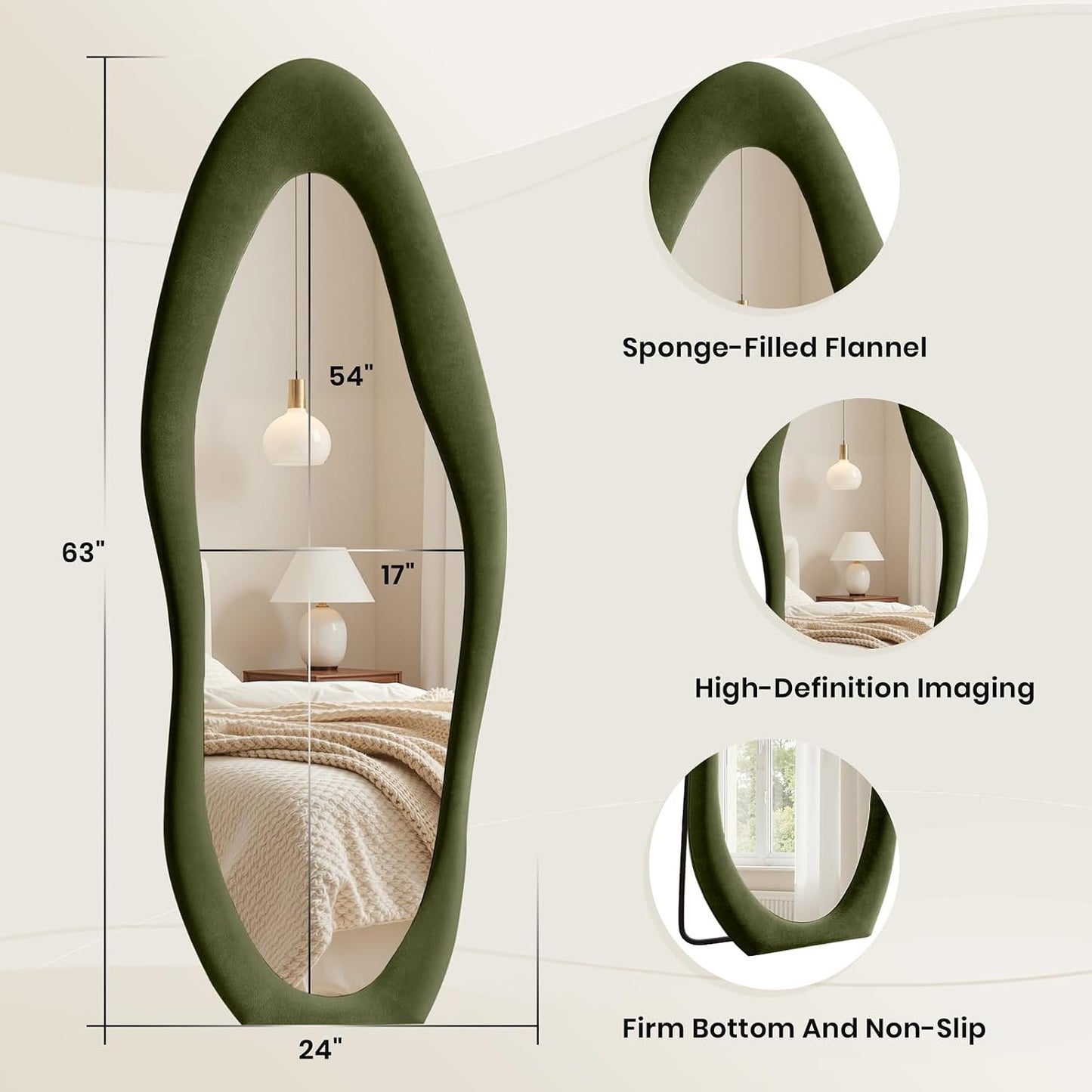 Anpark Full Length Mirror 63"x24" Irregular Full Body Wall Mounted Floor Mirror with Stand Green Flannel Wrapped Frame Leaning Hanging Wall Mirror for Bedroom Entrance Hallway