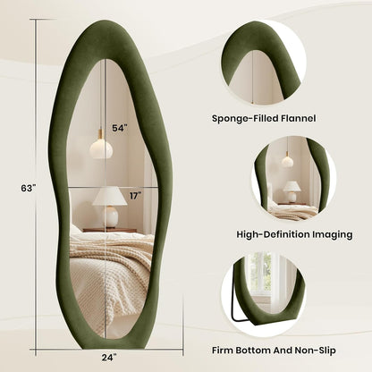 Anpark Full Length Mirror 63"x24" Irregular Full Body Wall Mounted Floor Mirror with Stand Green Flannel Wrapped Frame Leaning Hanging Wall Mirror for Bedroom Entrance Hallway
