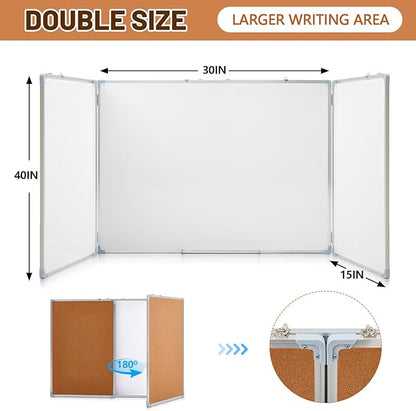 60"x40" Tri-fold Cork Board Whiteboard Combo, Foldable Combination Magnetic Dry - Image 2