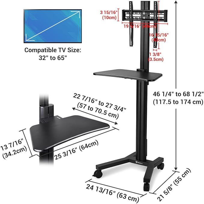 AW Rolling TV Stand Mobile TV Cart Height Adjustable - Image 9