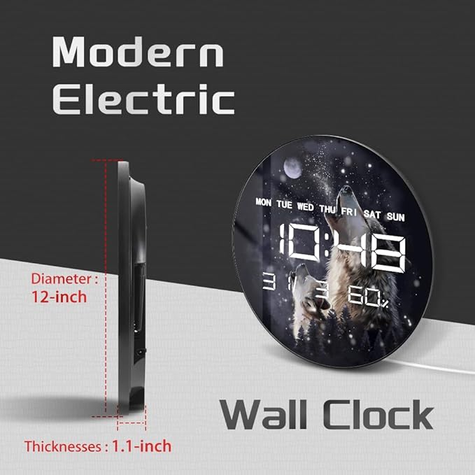 Timethink 12'' Full Moon Howling Wolves Digital Wall Clock Large Display - Image 2