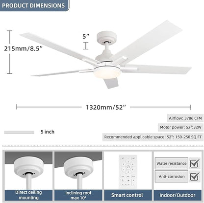 SODSEA Ceiling Fans with Lights, 52 inch White Ceiling Fan with Light and - Image 5