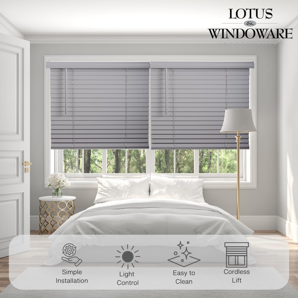 LOTUS & WINDOWARE Cordless Faux Wood Blinds, 51" Wide x 72" Long,Smooth,Light Gray, 2 Inch Horizontal Blinds – for Living Room, Bedroom, Interior Door Windows