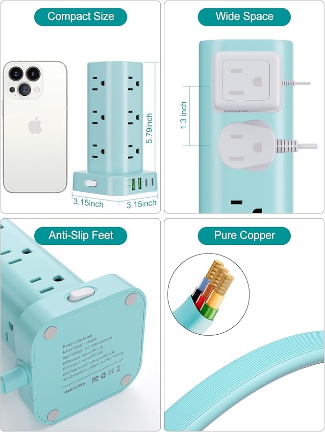 Power Strip Tower with Multiple Outlets, Flat Plug Surge Protector Tower - Image 6