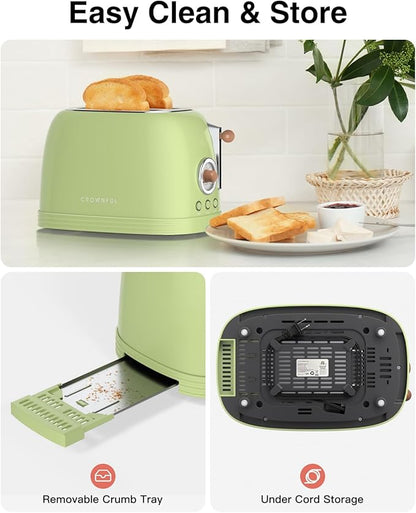 CROWNFUL 2-Slice Toaster, Extra Wide Slots Toaster, Retro Stainless Steel - Image 6