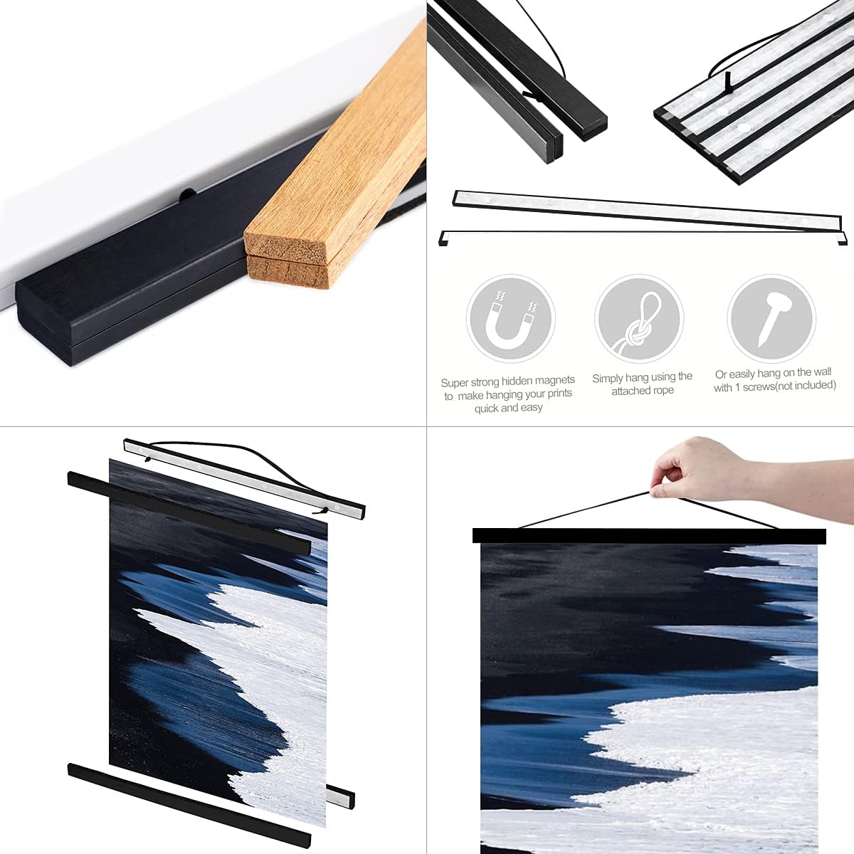Ywlake Magnetic Poster Hanger, 12x18 12x16 12x24 Poster Frame Wood Wooden Magnet Print Posters Dowel Scroll Hanger Hangers Hanging Kit for Walls Map Canvas Artwork (Black, 12")