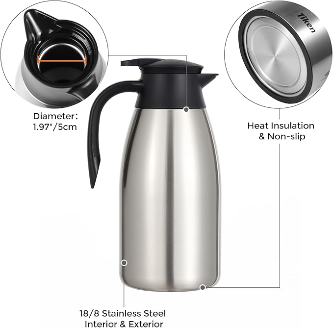 Tiken 85 Oz Thermal Coffee Carafe, Stainless Steel Insulated Vacuum Coffee - Image 4