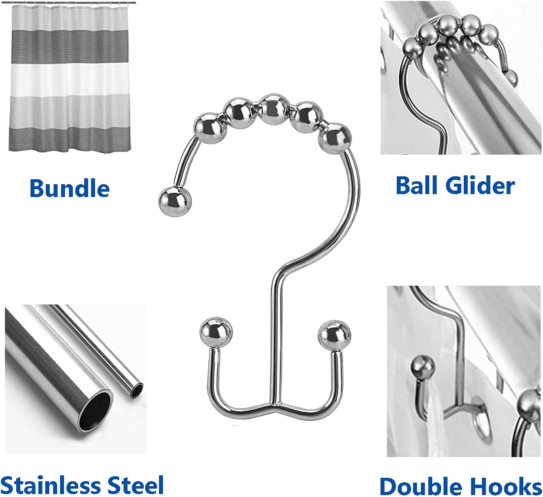 Shower Curtain Hooks Rings, Stainless Stee Double Glide Rollers Extra Wide Shower Curtain Rods Hooks for Bathroom, Set of 18 Hooks - Chrome