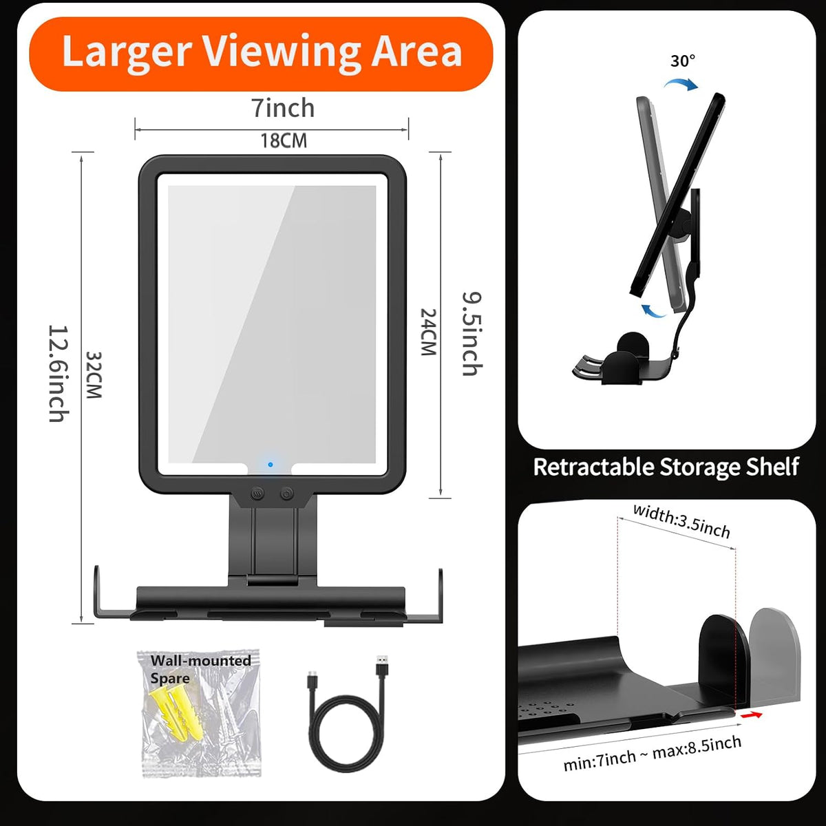Shower Mirror Fogless for Shaving,Quick Anti Fog Mirror for Shower with Light, 3-Color Led Light Bathroom Mirror with Strong Adhesive Backing, Dimmable Brightness Makeup Mirrors for Wall