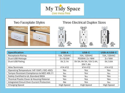 My Tidy Space Low Profile PD30W USB-C 15 Amp in Drawer Docking Station Outlet - Image 6