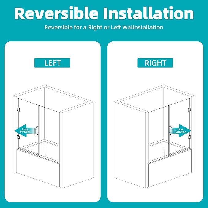 Pivot Swing Bathtub Door, Adjustable Width 60" W x 59" H Semi-Frameless Shower - Image 6