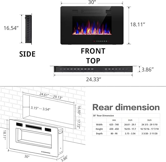 R.W.FLAME 30 inch Recessed and Wall Mounted Electric Fireplace, Low Noise - Image 3