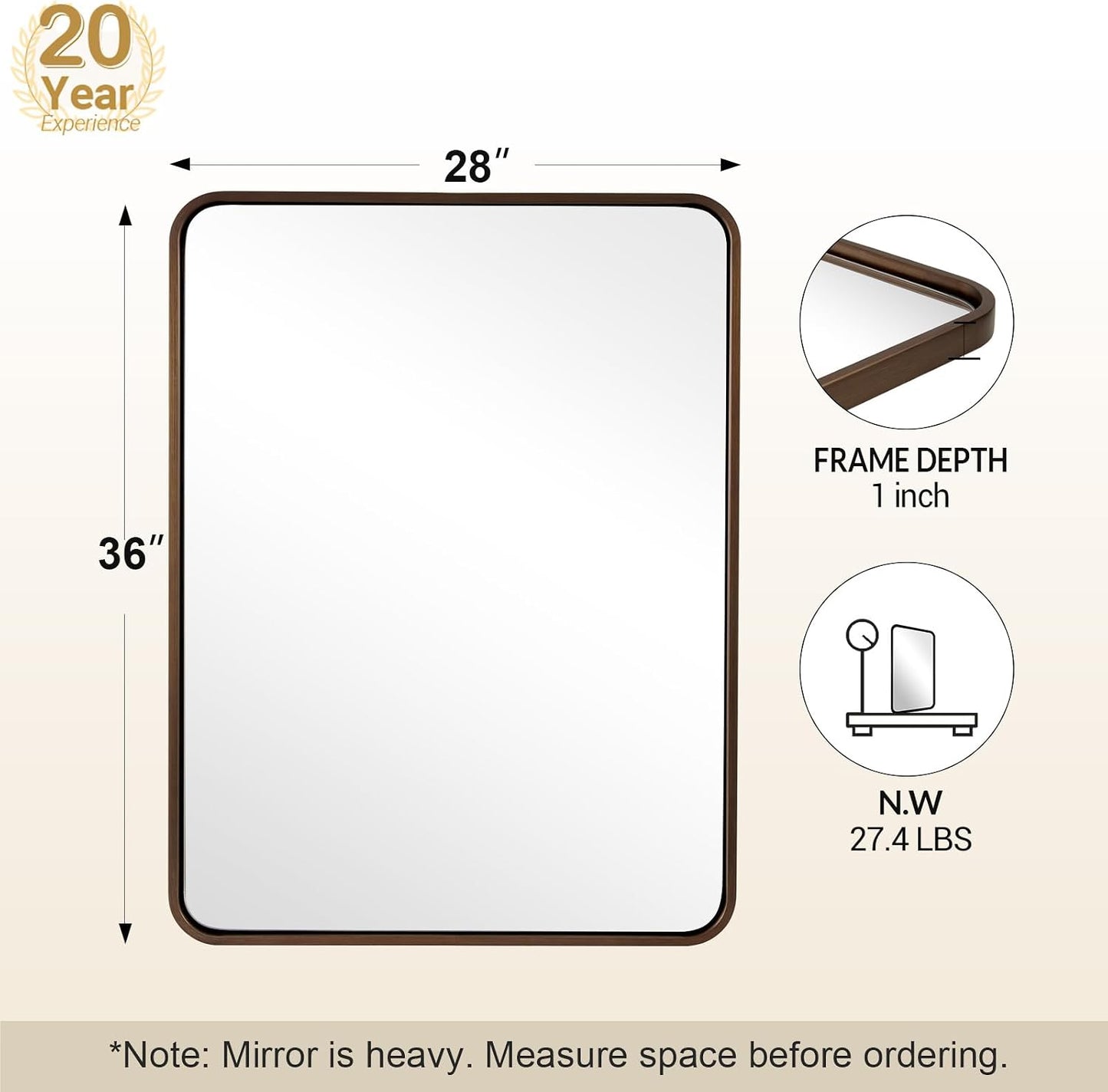 28x36 INCH Bronze Bathroom Mirror, Rounded Rectangle Oil Rubbed Bronze Mirrors for Bathroom,Tube Metal Framed, 1’’ Deep Wall Mounted Vertically/Horizontal