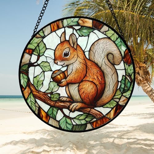 DASTOLL Stained Glass Window Hanging, Squirrel on a Branch Suncatcher Diamond Glass Panel Animal Sun Catchers Decor for Birthday for Women, Men, Wife, Aunt, and Mom 14.9x14.9 in