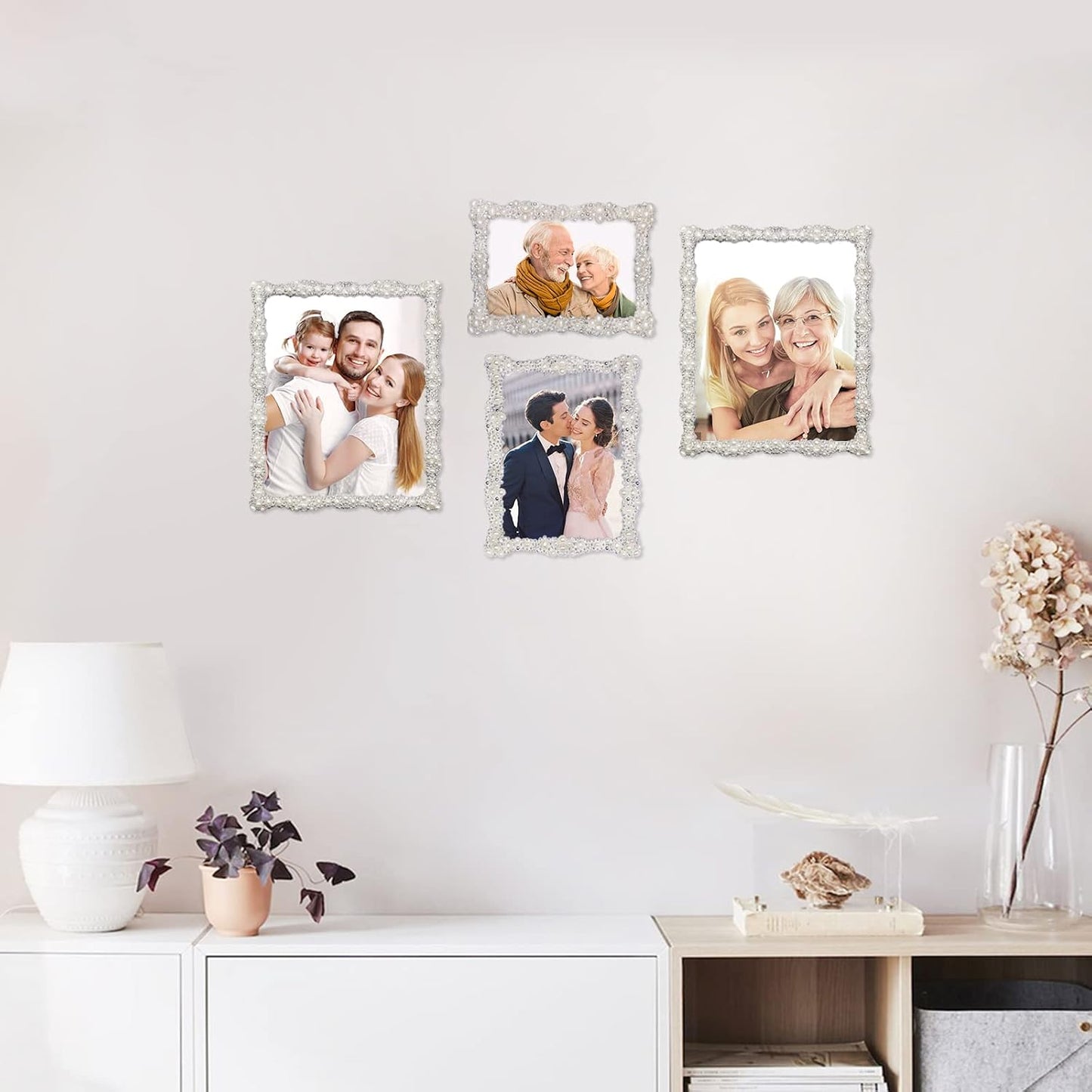 DIKAR 8x10 Picture Frame with Pearl for Wedding, Silver Plated with HD Acylic Finish Photo Frames with Rhinestones for Horizontal and Vertical Decor Tabletop Display