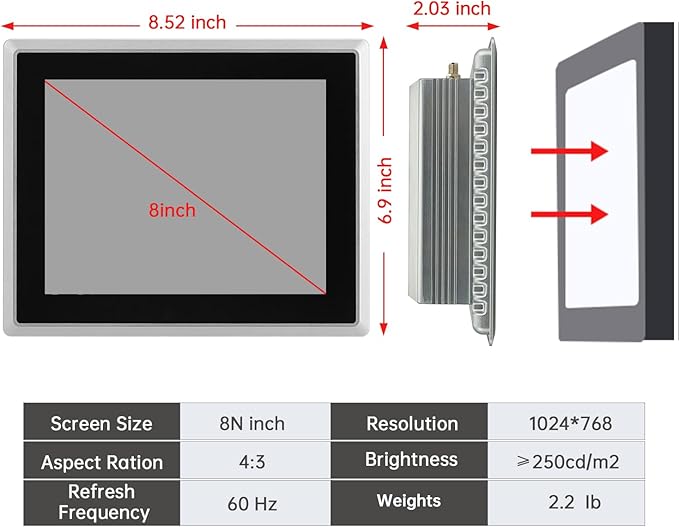 8-Inch Industrial Embedded Panel PC, Ratio 4:3 Multi-Touchscreen-Monitor - Image 3