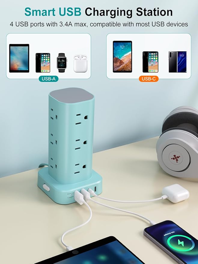 Power Strip Tower with Multiple Outlets, Flat Plug Surge Protector Tower - Image 4