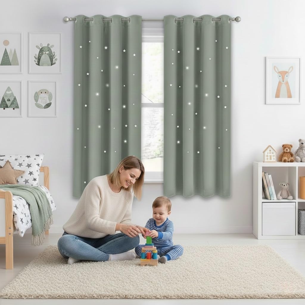 NICETOWN Sage Green Blackout Curtains with Star Hollow Out, 1 PC, W52 x L63 | Kids Cutout Galaxy Window Curtains & Drapes with Grommet for Baby Nursery Girls Bedroom