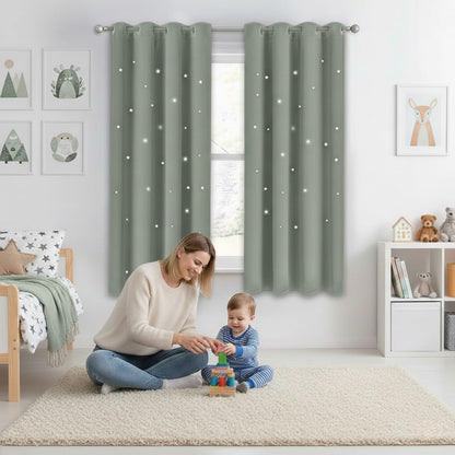 NICETOWN Sage Green Blackout Curtains with Star Hollow Out, 1 PC, W52 x L63 | Kids Cutout Galaxy Window Curtains & Drapes with Grommet for Baby Nursery Girls Bedroom