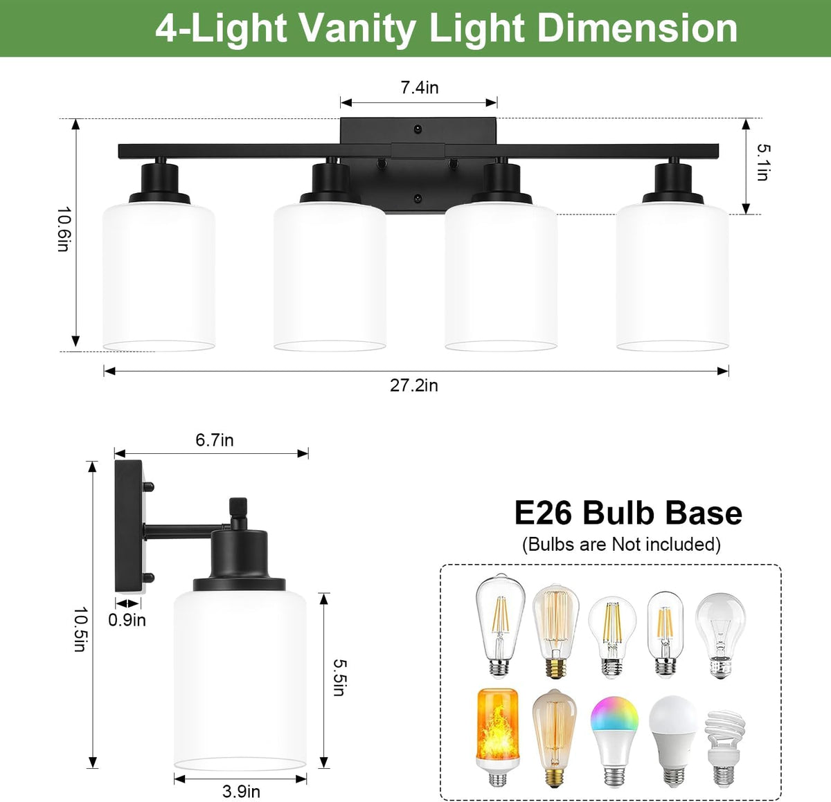 MOKATNG 4-Light Bathroom Light Fixtures, Vanity Light with Milky White Shades...