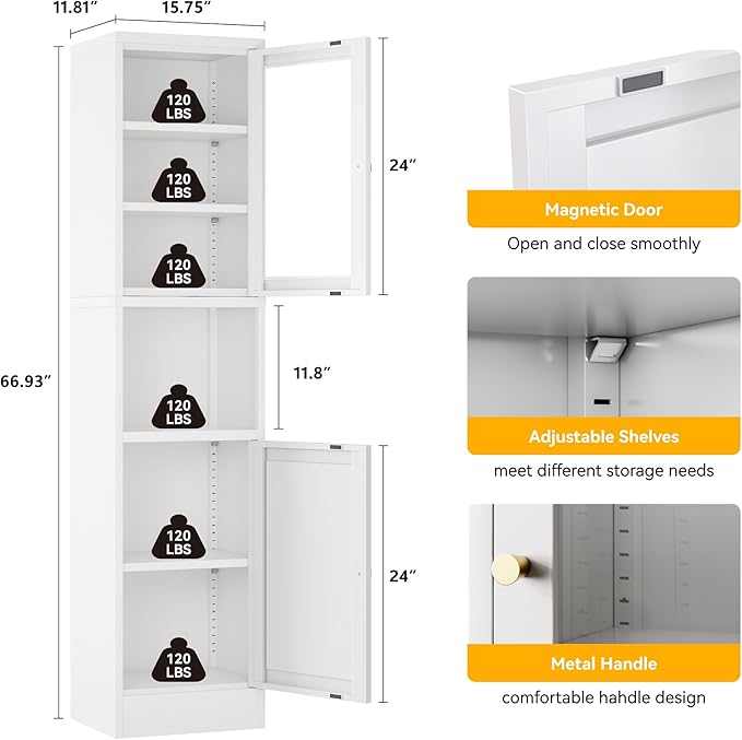 Metal Storage Cabinet with Glass Door, Tall Slim Pantry Organizer with 3 - Image 3