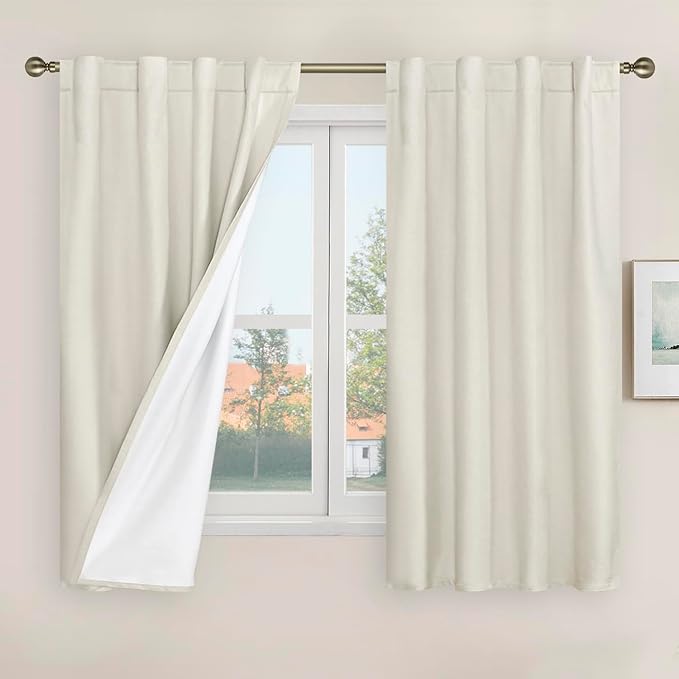 LAMIT 100% Blackout Short Linen Curtains, 48 Inch Length Linen Textured Thermal by LAMIT