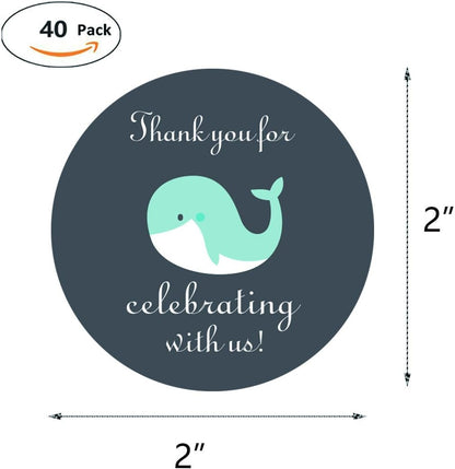 Blue Grey Whale Thank You Stickers, Boy Baby Shower Party Favor Labels, 2 Inch, 40-Pack