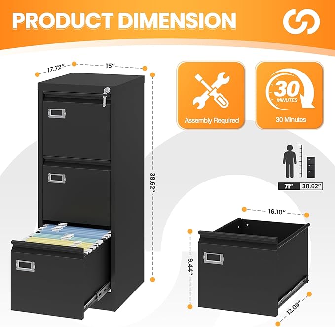3 Drawer File Cabinet with Lock, Metal Filing Cabinets - Image 3