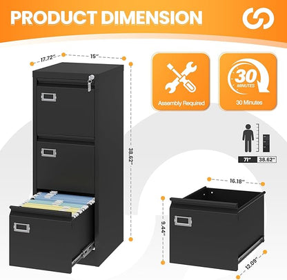 3 Drawer File Cabinet with Lock, Metal Filing Cabinets - Image 3
