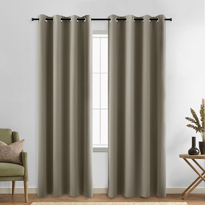 KOUFALL 90 Inch Blackout Curtains, Grommet Taupe Satin Polyester Thermal by KOUFALL