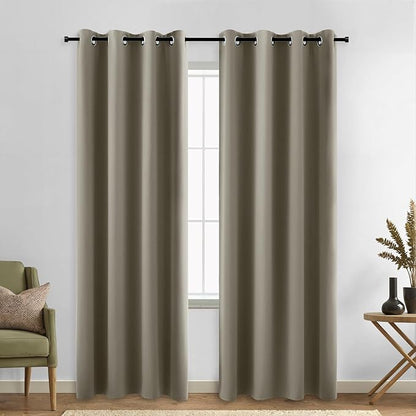 KOUFALL 90 Inch Blackout Curtains, Grommet Taupe Satin Polyester Thermal by KOUFALL