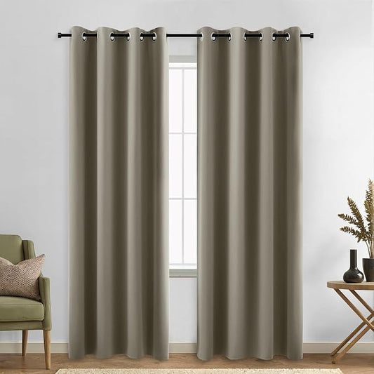 KOUFALL 90 Inch Blackout Curtains, Grommet Taupe Satin Polyester Thermal by KOUFALL