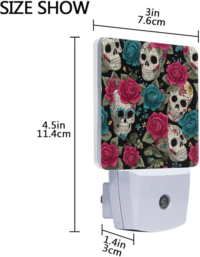 Pigsaly Led Night Light Halloween Sugar Skulls Pink Blue Roses Night Light Plug - Image 3