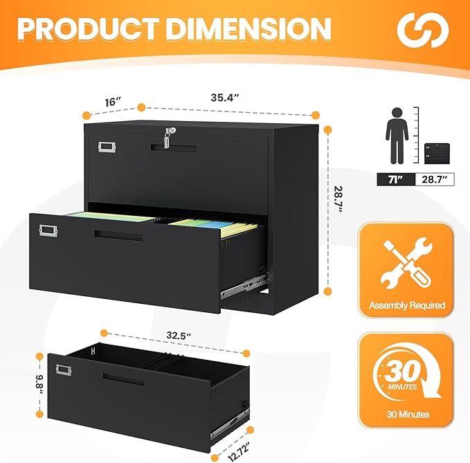 2 Drawer File Cabinets for Home Office, Metal Filing Cabinet - Image 3