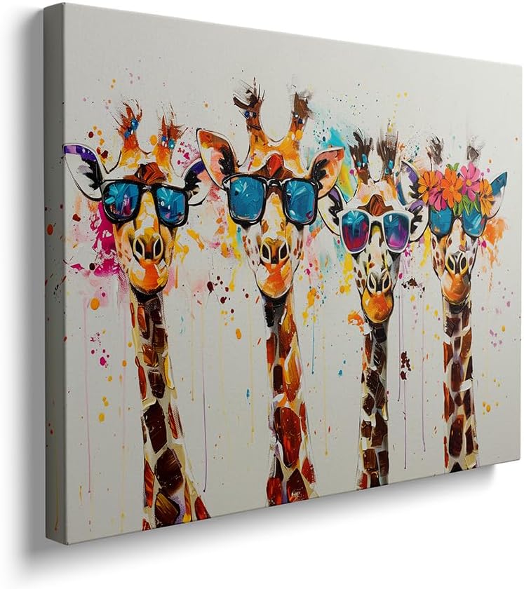 Ypxzzj Framed Cute Giraffes Canvas Wall Art Colorful Animal Posters Prints Pictures Wall Decor Modern Graffiti Painting Artwork for Living Room Bathroom Decor Ready to Hang(36''x24'')
