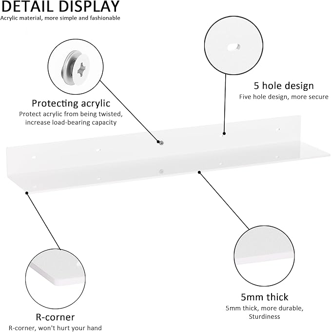 30 Inch White Floating Shelves for Wall Décor, Acrylic Storage Wall Shelf Holder - Image 4