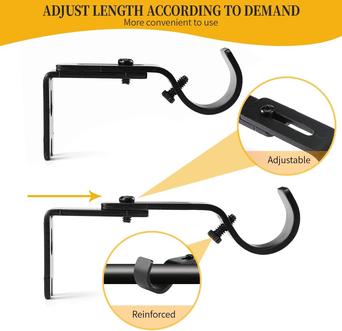 Heavy Duty Adjustable Curtain Rod Brackets and Holders - For 1 1/8 Inch & 1 1/4 Inch Rod, 2 PCS Black
